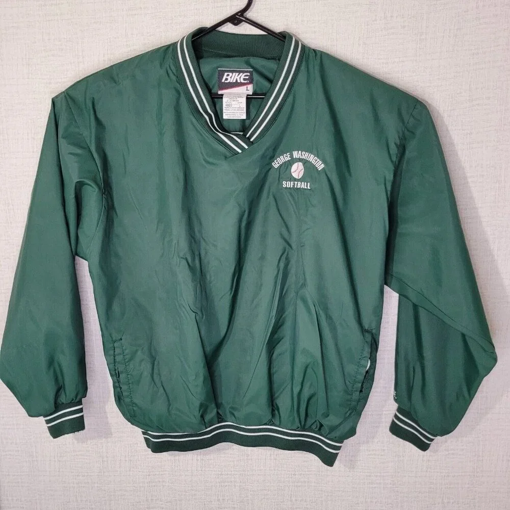 Vintage Bike Pullover Windbreaker Jacket Mens L Green George Washington Softball - Picture 1 of 9